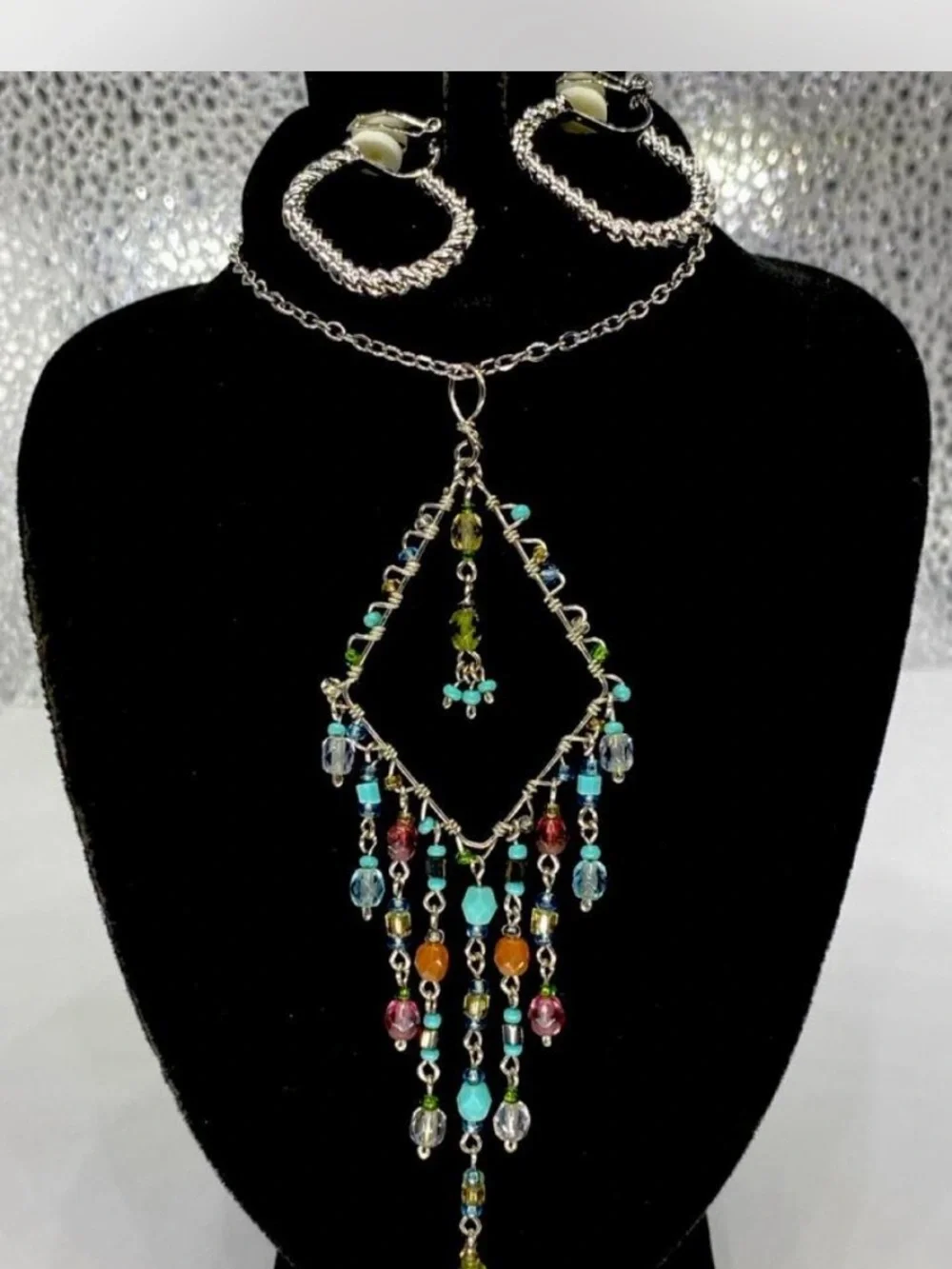Southwestern ***  Custom ^^^ Beaded Silver-Tone Fringe   Necklace / Earrings ***